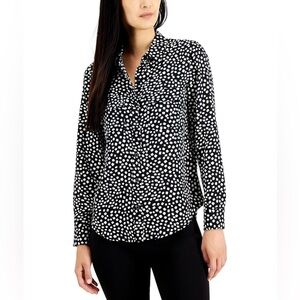 Alfani Button Down Abstract Polka‎ Dot Blouse Top Size L